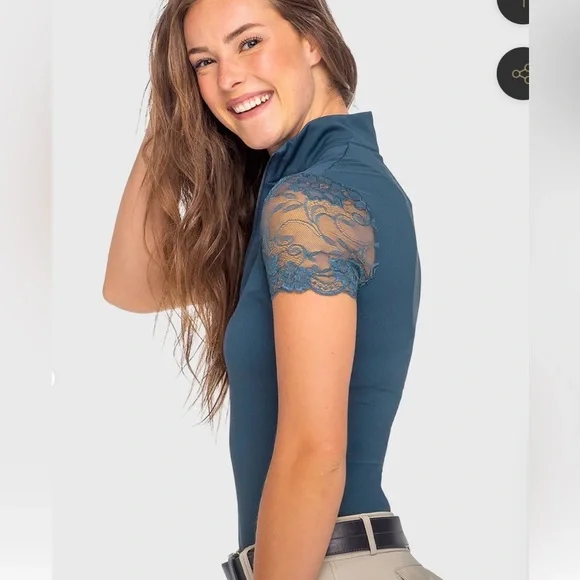 Chic Lace Sleeve Women's Blouse - Teal - Picture 2 of 6